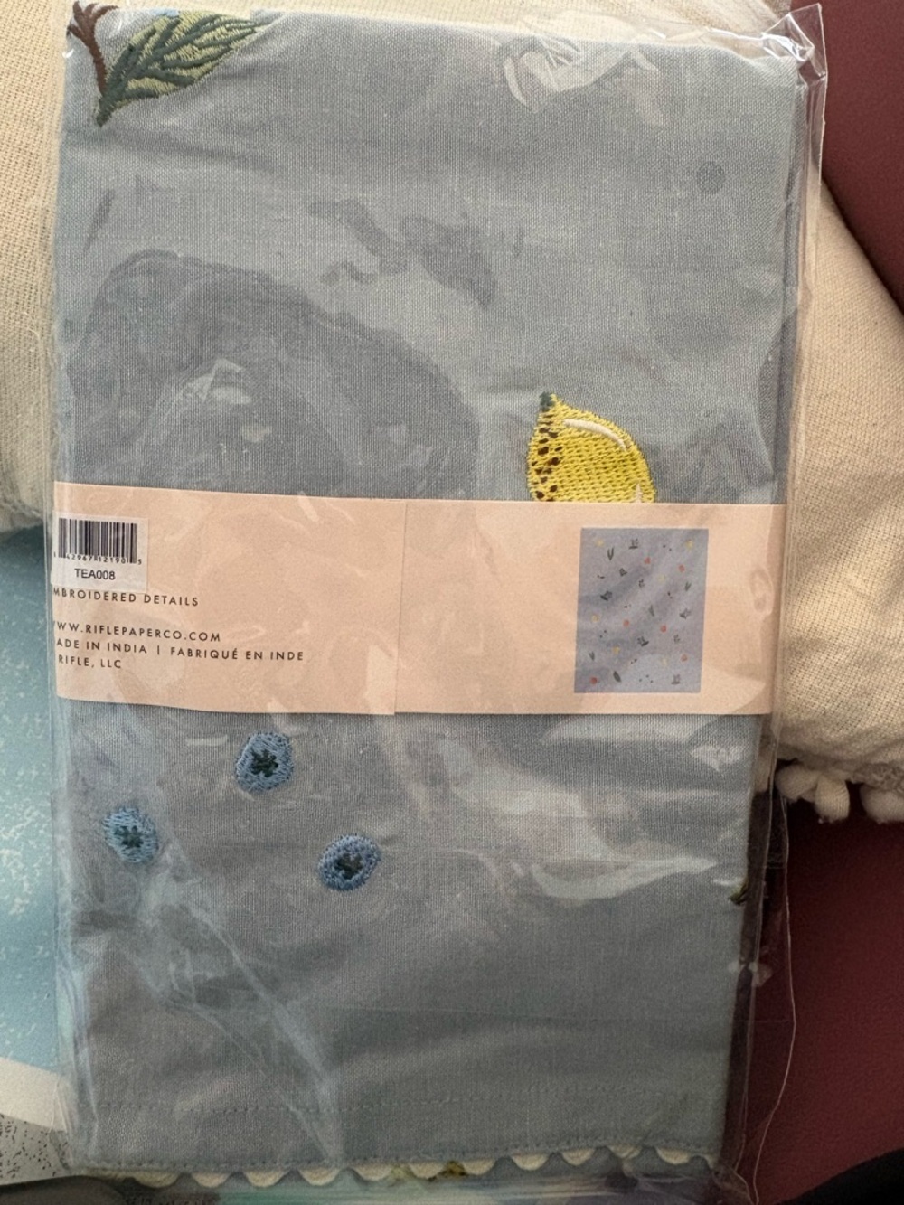 Rifle Paper Co. Light Blue Fruit & Floral Embroidered Tea Towel New In Package - Picture 4 of 4